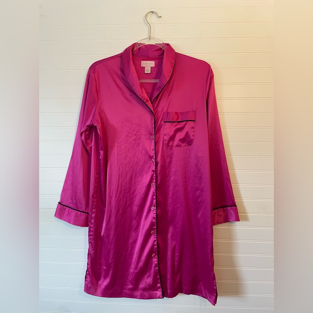 Cabernet Oversized Pink Fushia Satin Sleep Shirt Short Night Gown Dress